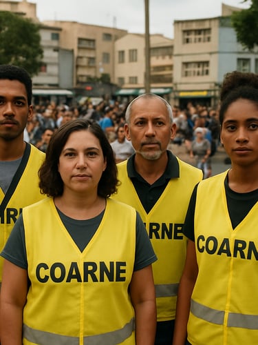 Wide documentary shot, COARNE volunteer agents in official identification vests gathered at a community outreach event in a Brazilian urban square, documentary daylight, agents facing the camera with calm authority, crowd visible in background, institutional presence clear