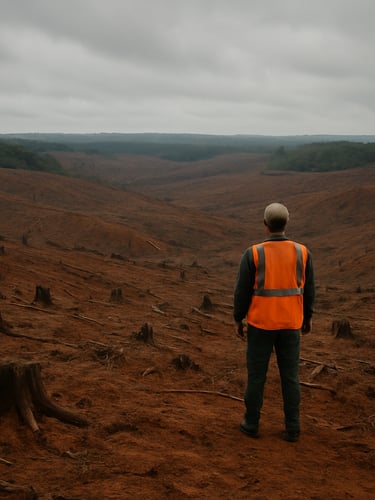 Wide environmental documentary shot, deforested hillside in Brazil with exposed red earth and scattered tree stumps, overcast grey daylight, a single volunteer agent in orange identification vest standing at the edge surveying the damage, camera at ground level, vast degraded landscape extending to the horizon