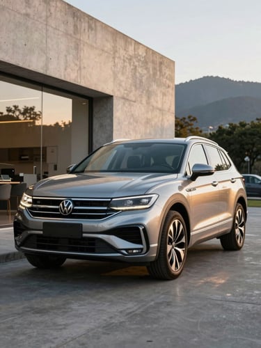 Low-angle heroic front quarter of a brand-new 2026 Volkswagen SUV parked in front of a minimalist concrete showroom in Buenos Aires, sharp daylight reflections, 35mm