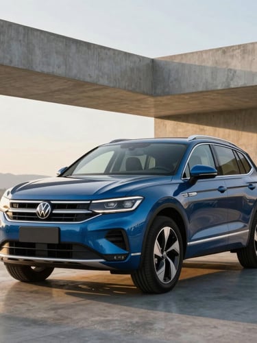 Low-angle heroic front quarter of a brand-new 2026 Volkswagen SUV, polished metallic blue finish, clean modern architectural concrete background, crisp morning daylight, 35mm