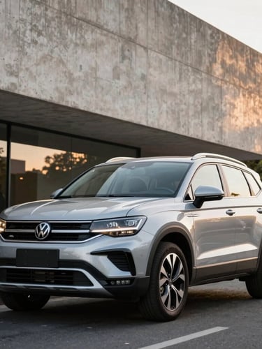Low-angle heroic front quarter of a brand-new silver Volkswagen Taos parked in front of a modern concrete architectural building in Buenos Aires, sharp daylight reflections, premium automotive photography, 35mm