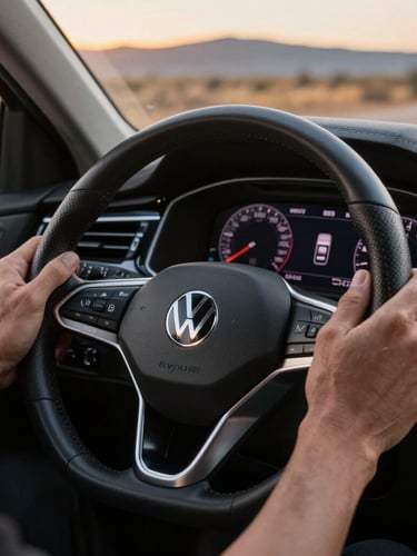Detailed macro shot of a driver's hands on a sleek leather-wrapped Volkswagen steering wheel, digital cockpit dashboard glowing in the background, clean focus