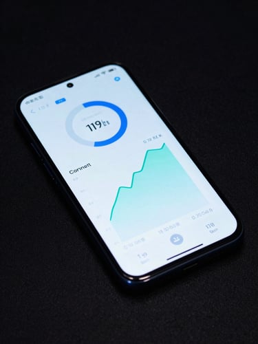 Macro flat-lay of a modern Android smartphone displaying a clean, high-contrast performance telemetry dashboard. Cool blue and cyber-mint digital backlighting, sharp focus on a crisp graph, dark background.