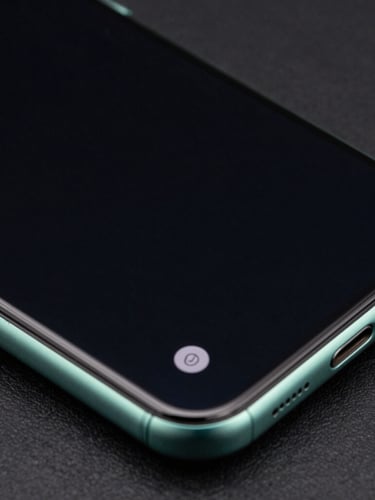 Tight macro crop of a modern bezel-less Android smartphone displaying a clean, high-contrast dark-mode user interface with sharp cyber-mint highlights, cool studio lighting.