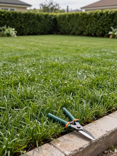Angled ground-level shot of a freshly cut residential lawn with neatly trimmed hedge border, bright overcast daylight, gardening shears resting on stone edging in the foreground, no people, sharp grass texture visible