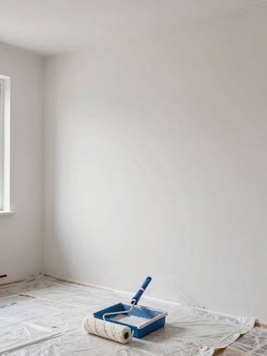 Wide shot of a freshly painted interior wall in neutral white, roller tray and paint roller resting on protective floor sheeting in the foreground, bright north-facing window light, no people, clean finish visible at the wall-ceiling junction