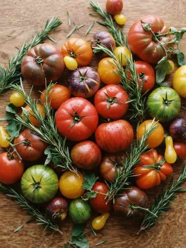 Overhead flat-lay of fresh heirloom tomatoes and rosemary on a wooden table, soft diffused natural daylight, rich crimson and forest green tones, shallow depth of field, 35mm