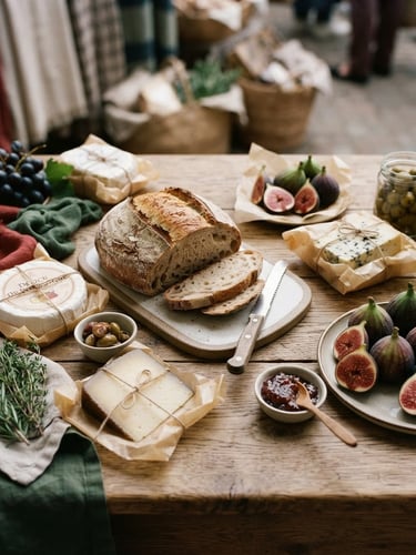Overhead flat-lay of a curated wooden table in a Scandinavian-style market, specialty cheeses wrapped in parchment, fresh figs, rustic sourdough loaf, soft morning side-light, 35mm photography.