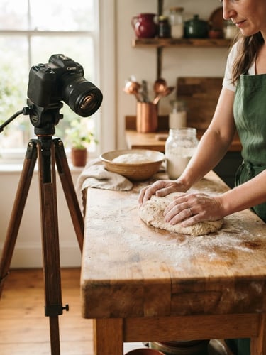 A professional camera setup on a wooden tripod in a warm, sunlit kitchen, focusing on hands kneading rustic sourdough bread, soft natural side-light, rich timber tones