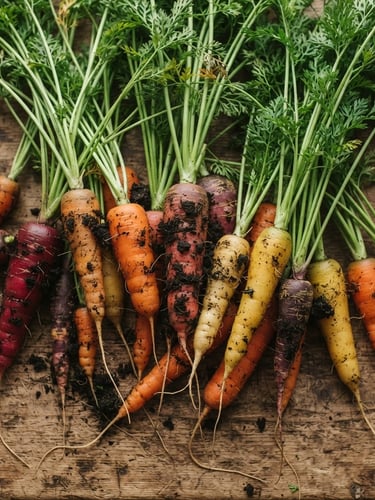 Overhead flat-lay of freshly harvested heirloom carrots with dark soil still clinging to their roots, resting on a rustic wooden table in soft, diffused morning light.