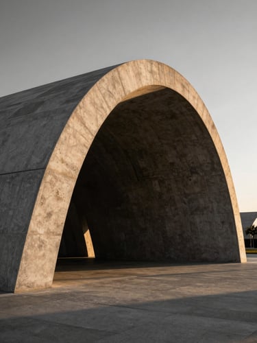 Wide-angle architectural elevation of a monolithic concrete arch structure at golden hour, sharp shadows, premium architectural photography