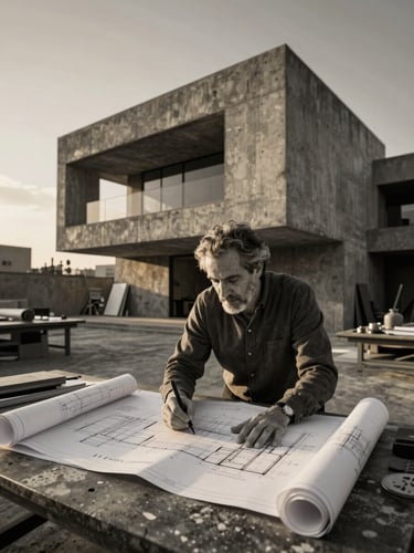 Architectural portrait of Luis Carlos Montferrand analyzing blueprints in a concrete studio, dramatic golden hour light, high-contrast monochrome with warm undertones