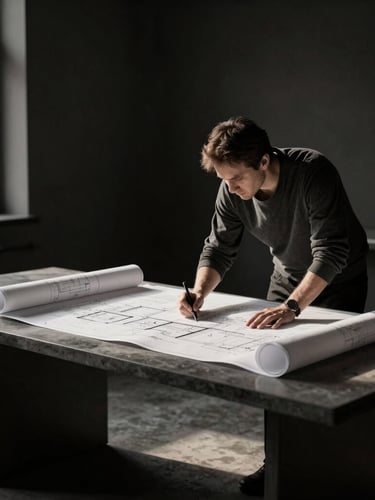 Architect in a dark minimalist studio analyzing blueprints on a concrete table, soft dramatic side lighting, high-contrast monochrome with warm undertones