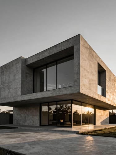 Wide-angle architectural elevation of a modern monolithic concrete villa at golden hour, sharp lines, dramatic shadows, warm light reflecting on glass facades.