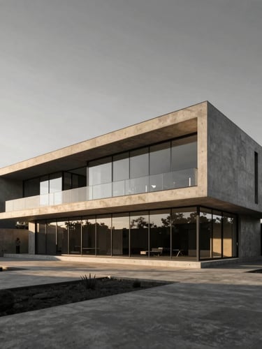 Wide-angle architectural rendering of a monolithic concrete and glass villa at golden hour, sharp shadows, minimalist design, premium photography