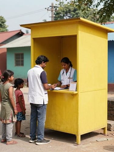 A high-visibility yellow vaccination booth set up in a vibrant Indian village square, with local healthcare workers in vests interacting with families under bright daylight.