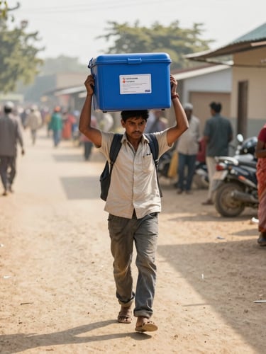 A dedicated health volunteer carrying the iconic blue vaccine carrier box along a dusty rural path, bright morning sun casting long shadows.