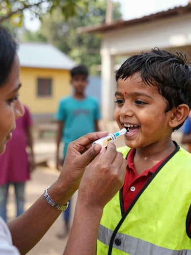 Close-up of a smiling Indian toddler receiving oral polio vaccine drops from a healthcare worker in a high-visibility vest, warm natural morning light, vibrant outdoor community setting, 35mm lens