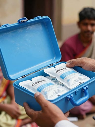 A close-up shot of an iconic blue vaccine carrier box being opened by a healthcare worker, showing conditioned ice packs inside, bright daylight.