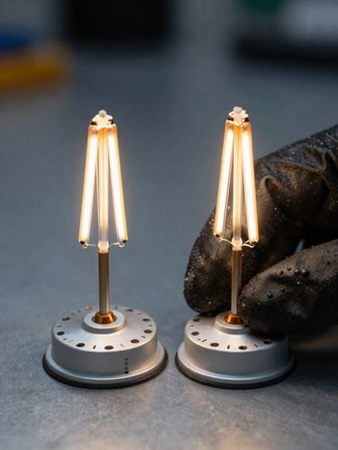 Macro close-up of two UV lamp bases side by side on a grey metal surface, diffuse cool studio lighting revealing filament geometry and base pin markings clearly, engineer's gloved hand positioning one lamp for comparison, technical context