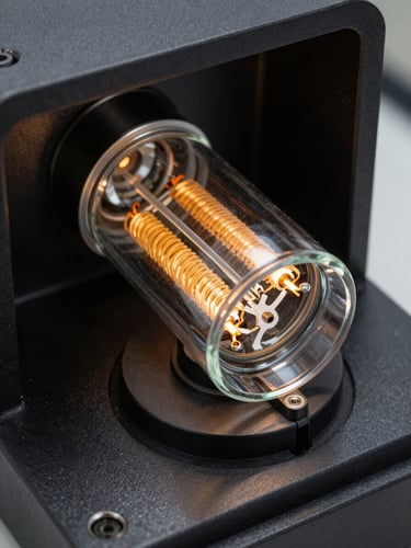 Extreme close-up of a UV lamp base and quartz envelope installed in a PCB exposure unit, diffuse cool studio light rendering the filament coil geometry and electrode pins in sharp detail, dark metal housing framing the lamp, no people