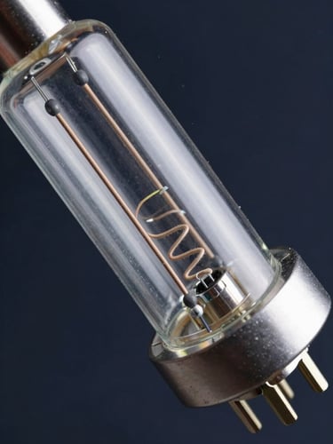 Macro close-up of an industrial UV lamp base and filament coil, shot from the left edge of frame, diffuse cool studio lighting rendering the quartz envelope and electrode geometry with precision, dark navy background, lamp base pins sharply in focus, filament spiral visible mid-depth
