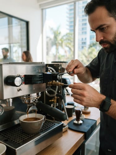 A close-up of a technician calibrating a brushed steel espresso machine, clean modern Miami office background, bright natural window light, 35mm