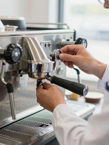 Close-up shot of a professional technician in a clean uniform calibrating a commercial espresso machine, bright natural light, focus on hands adjusting the steel dial