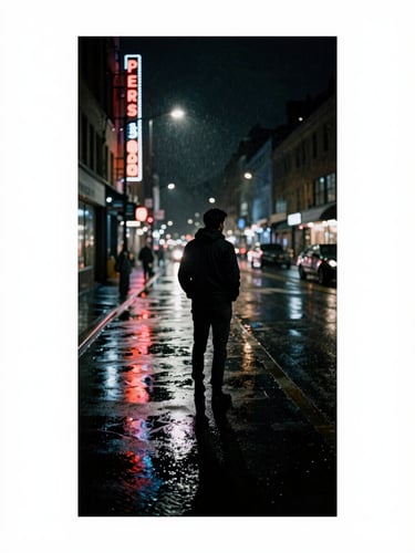 Portrait-format film poster composition, deep noir atmosphere, a lone figure silhouetted against a rain-slicked city street at night, neon reflections fragmenting on wet pavement, high-contrast silver and black tones