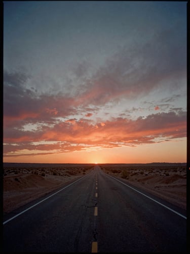 Portrait-format film poster composition, wide open desert landscape at dusk, a dust-covered highway receding to a blood-orange horizon, dramatic sky with streaks of cloud, cinematic widescreen feel compressed to poster format