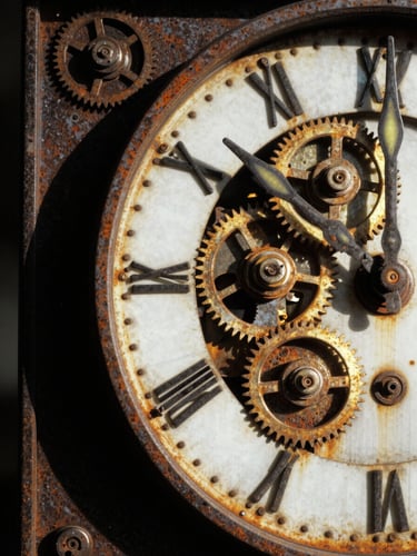 Portrait-format film poster composition, close-up of a rusted mechanical clock face with broken hands, gears exposed, strong directional light from the left casting deep shadow into the machinery, monochrome with gold-toned metal highlights