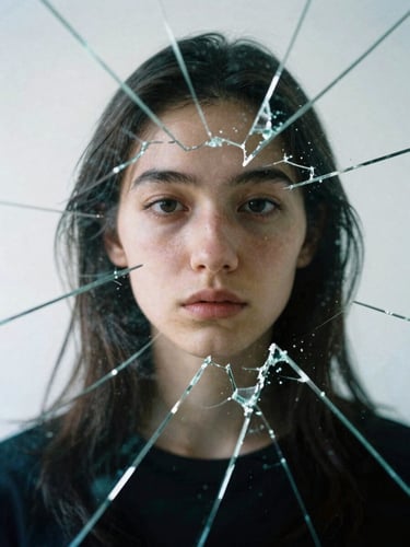 Portrait-format film poster composition, fractured glass surface reflecting a distorted face, cold clinical white light with deep shadow, psychological horror aesthetic, sharp geometry and chaos in tension
