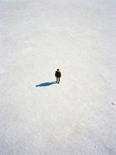 Portrait-format film poster composition, overhead aerial view of a solitary figure on a vast salt flat, infinite white plane, harsh midday sun casting a single sharp shadow, existential minimalism, bleached palette