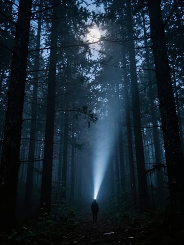 Portrait-format film poster composition, dense forest at night, a narrow beam of flashlight cutting through fog between dark pines, a figure barely visible at the tree line, cold blue moonlight, suspense and isolation