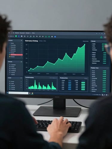 Over-the-shoulder view of a developer analyzing a real-time analytics dashboard with upward-trending green charts, sharp focus, cool high-contrast studio light, 35mm