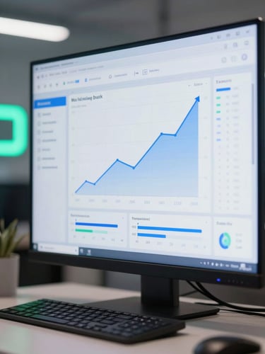 Crisp macro shot of an analytical marketing dashboard showing clear upward trends, cool blue and neutral white studio lighting with neon green screen accents, 35mm editorial style.