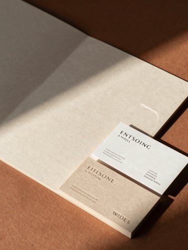 Wide architectural crop of environmental branding collateral, including a heavy paper folder and embossed business cards, arranged on a warm clay surface with dramatic natural shadows.