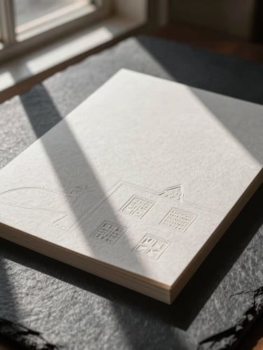 Architectural close-up of heavy embossed stationery on a dark slate table, dramatic natural window light casting deep shadows, tactile paper grain texture.