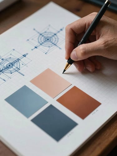 Raw studio process, hand-drawn grid blueprints on graph paper, physical color swatches of slate blue and warm clay arranged under harsh side-lighting.