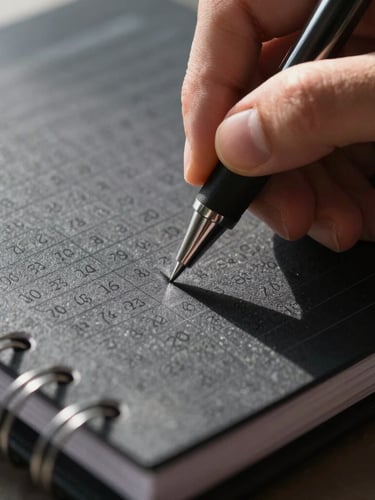 Extreme close-up of a hand writing precise numbers in a physical black planner with a technical pen, high-contrast directional light, deep shadows, minimal background.