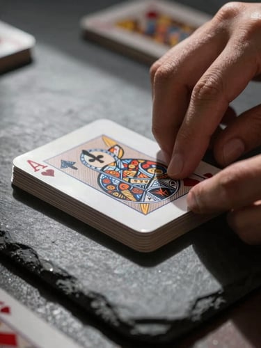Extreme close-up of hands organizing physical cards on a dark slate table, sharp directional light, deep shadows, high-contrast, moody atmosphere.