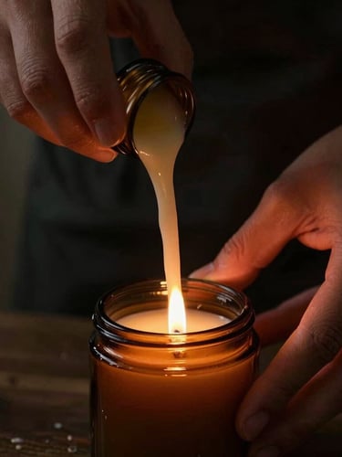 Artisanal candle pouring process, warm melted wax falling into a dark amber glass jar, hands of a maker visible, soft low-key lighting, moody atmospheric shot