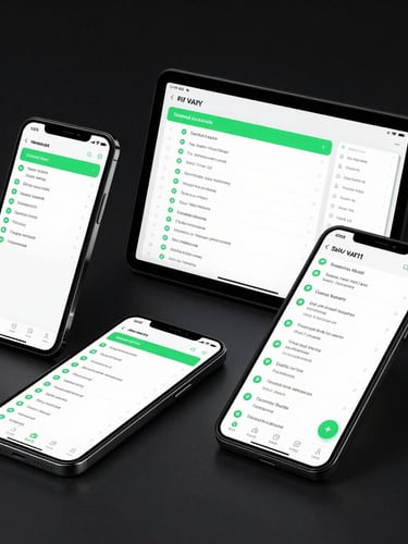 High-fidelity mockups of Android devices displaying complex task lists and achievement screens, glowing green accent lines, dark studio lighting
