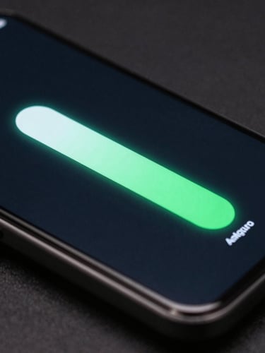 Ultra-tight macro crop of an OLED mobile screen displaying a glowing mint-green progress bar, dark slate interface, dramatic side lighting, high-fidelity Android mockup.