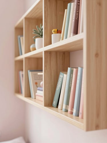 Close-up portrait shot of narrow wall floating book racks in a teen's bedroom, filled with books and small decor, light wood texture visible, soft pastel wall background, bright afternoon light, clean composition, 35mm lens