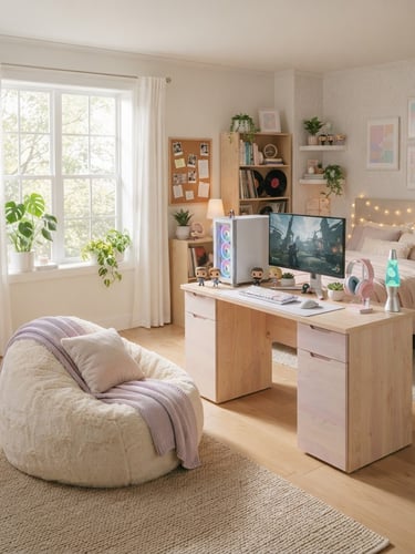 Bright editorial photography of a styled teen bedroom, pastel-washed maple gaming desk on the right, soft faux-fur lounger in the foreground, diffused afternoon window light, clean composition, 35mm lens.