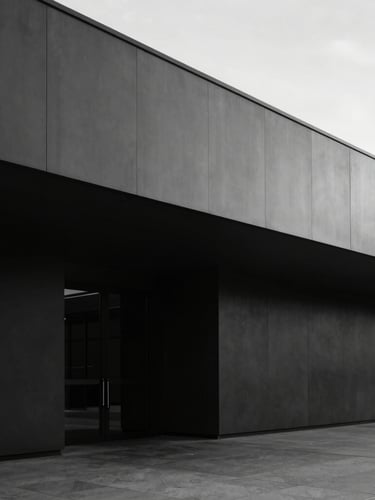 Minimalist architectural perspective of a modern, sober office lobby with clean lines and soft geometric shadows, desaturated black and white, elegant corporate aesthetic, 35mm