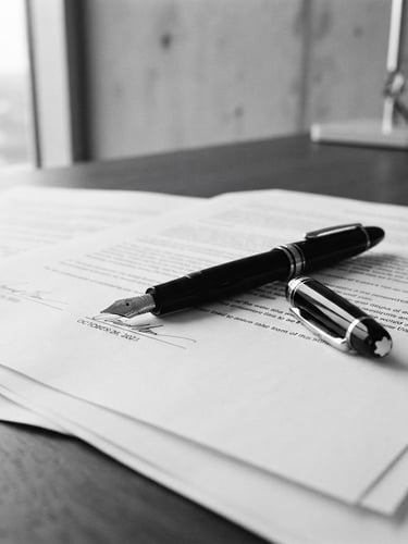Elegant close-up of a high-end fountain pen resting on clean legal documents, soft overcast daylight, desaturated black and white, minimalist architectural aesthetic, 35mm