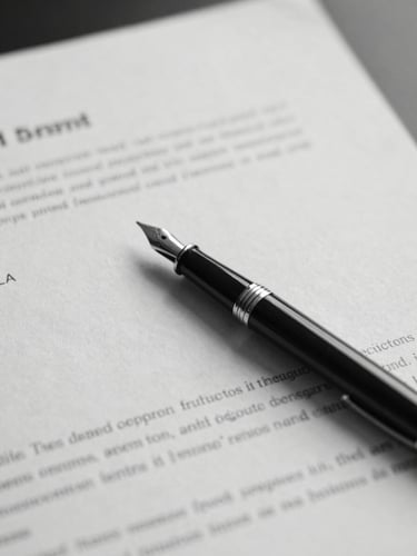 Elegant close-up of a fountain pen resting on structured legal documents, soft overcast daylight, desaturated black and white, elegant corporate aesthetic, 35mm