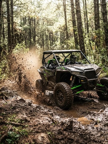 Dynamic low-angle shot of a rugged Razer 4-seater kicking up mud in the dense pine forests of La Marquesa, bright afternoon sun filtering through trees, high contrast.